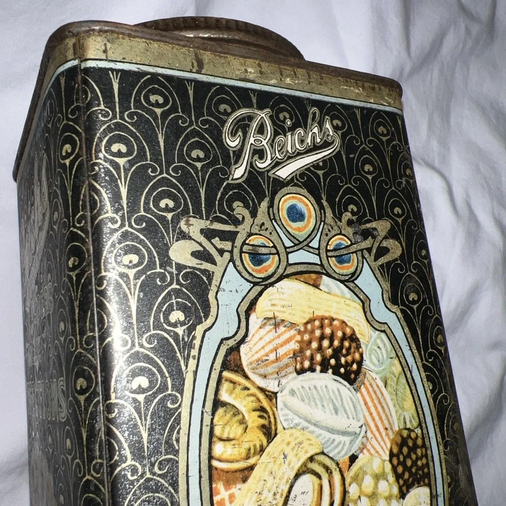 Vintage Metal Antique Advertising Tin Beichs Candy Confections Chicago peacock